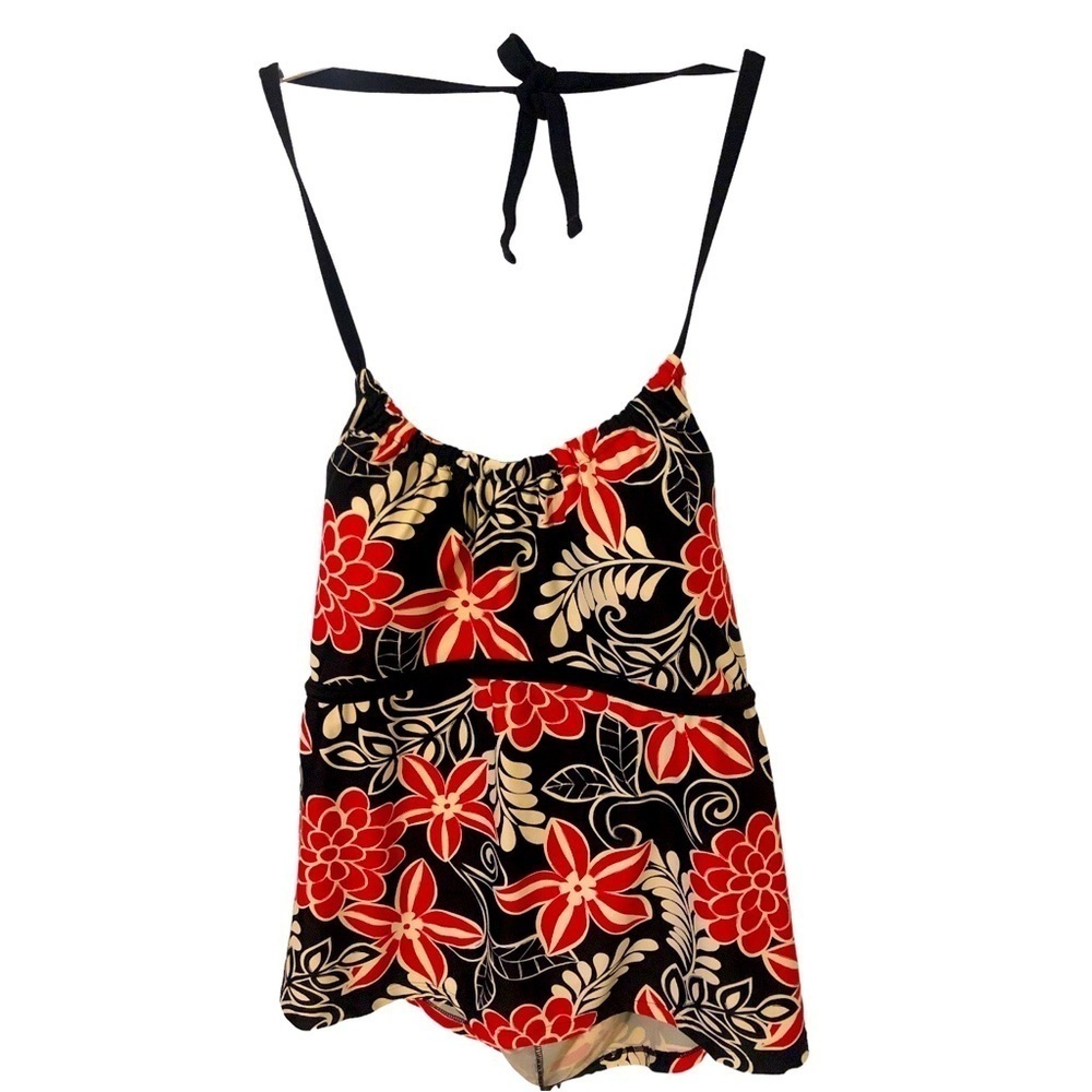 Halter-Tie Swim Top Ocean Dreams Black/Red/White Floral Padded Chest 24W